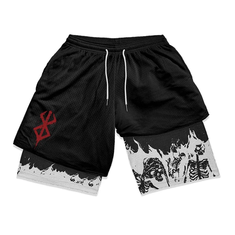 2 in 1 Running Shorts for Men Berserk Print Gym Workout Fitness Athletic Shorts with Pockets Summer Activewear Quick Dry