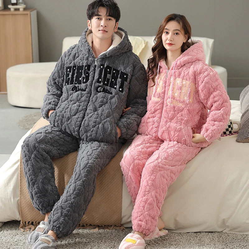 Newest Winter Hooded Pajamas Set Couple Men Women Pyjamas 3 Layer Clip Cotton Home Suit