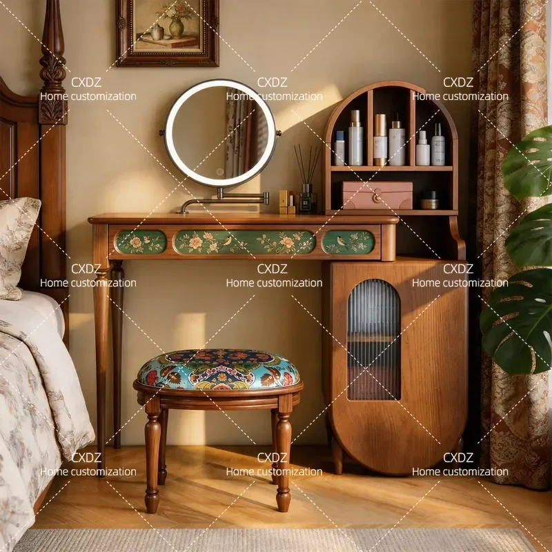 American Retro Solid Wood Dresser with Floral Pattern Multi Functional Storage Cabinet Makeup Table with Carved Side Cabinet
