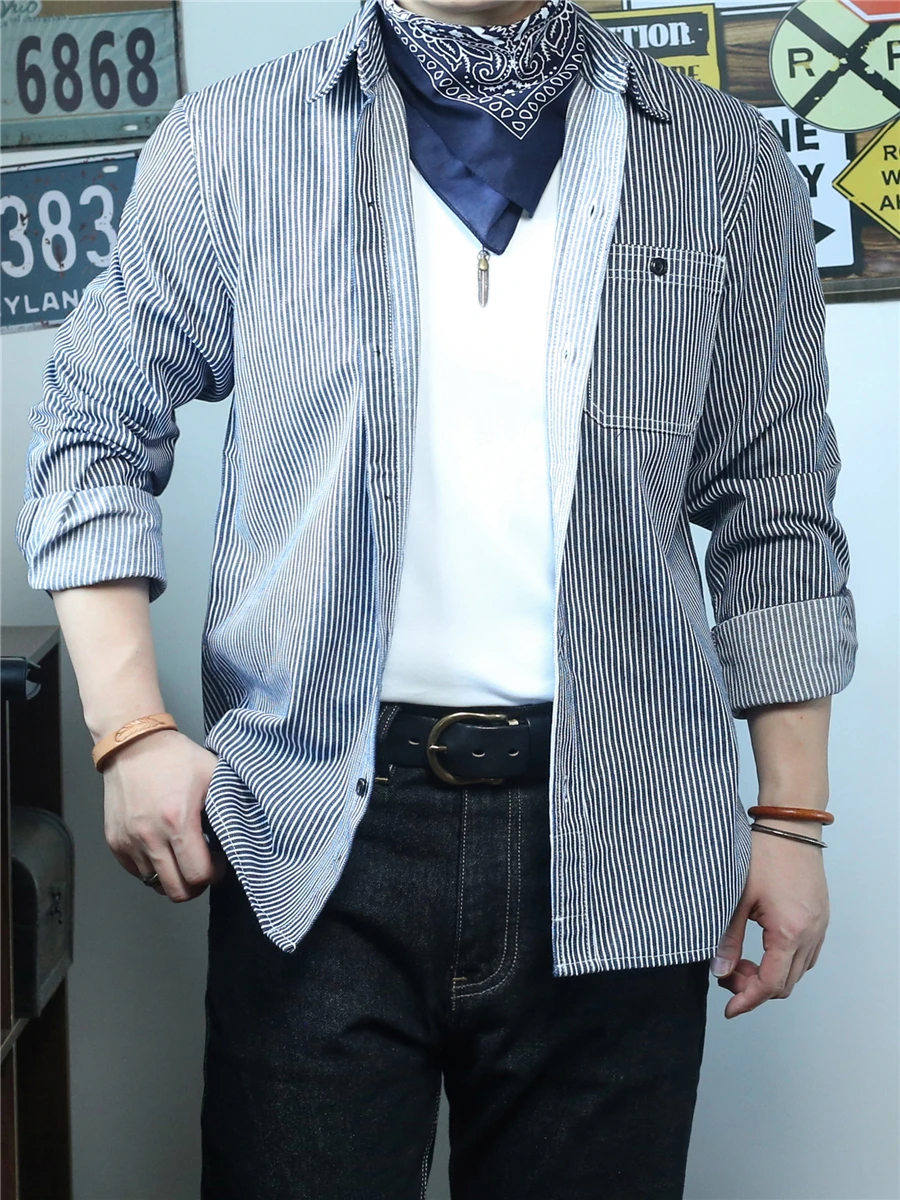 

American Style Long Sleeve Striped Shirt Outerwear Vintage Ameika Khaki Denim Layering Men's Breathable Standard Fit Casual S...