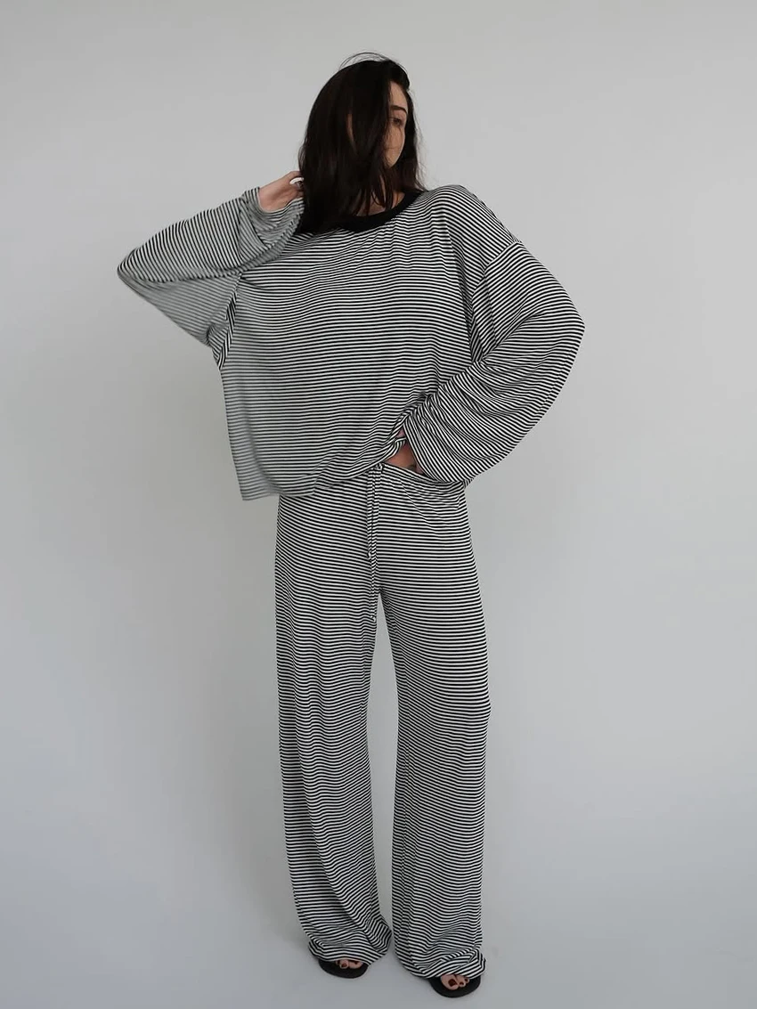 

Marthaqiqi Striped Ladies Sleepwear Set Long Sleeve Nightgowns O-Neck Nightwear Pants Casual Female Pajamas 2 Piece Suits Loose