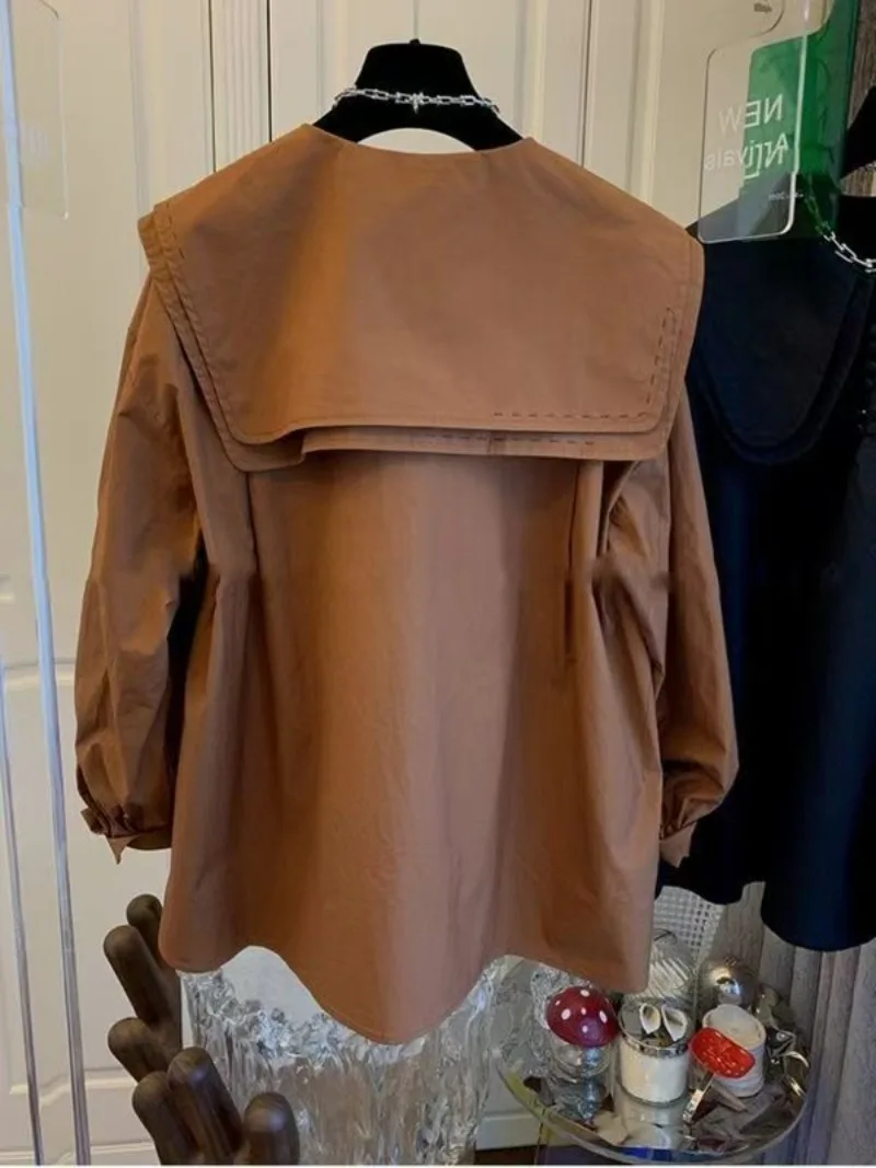 Tops holgados coreanos con cuello doble Peter Pan para mujer, camisas con mangas acampanadas, chaqueta, blusa informal para primavera y verano para niñas, novedad de 2025