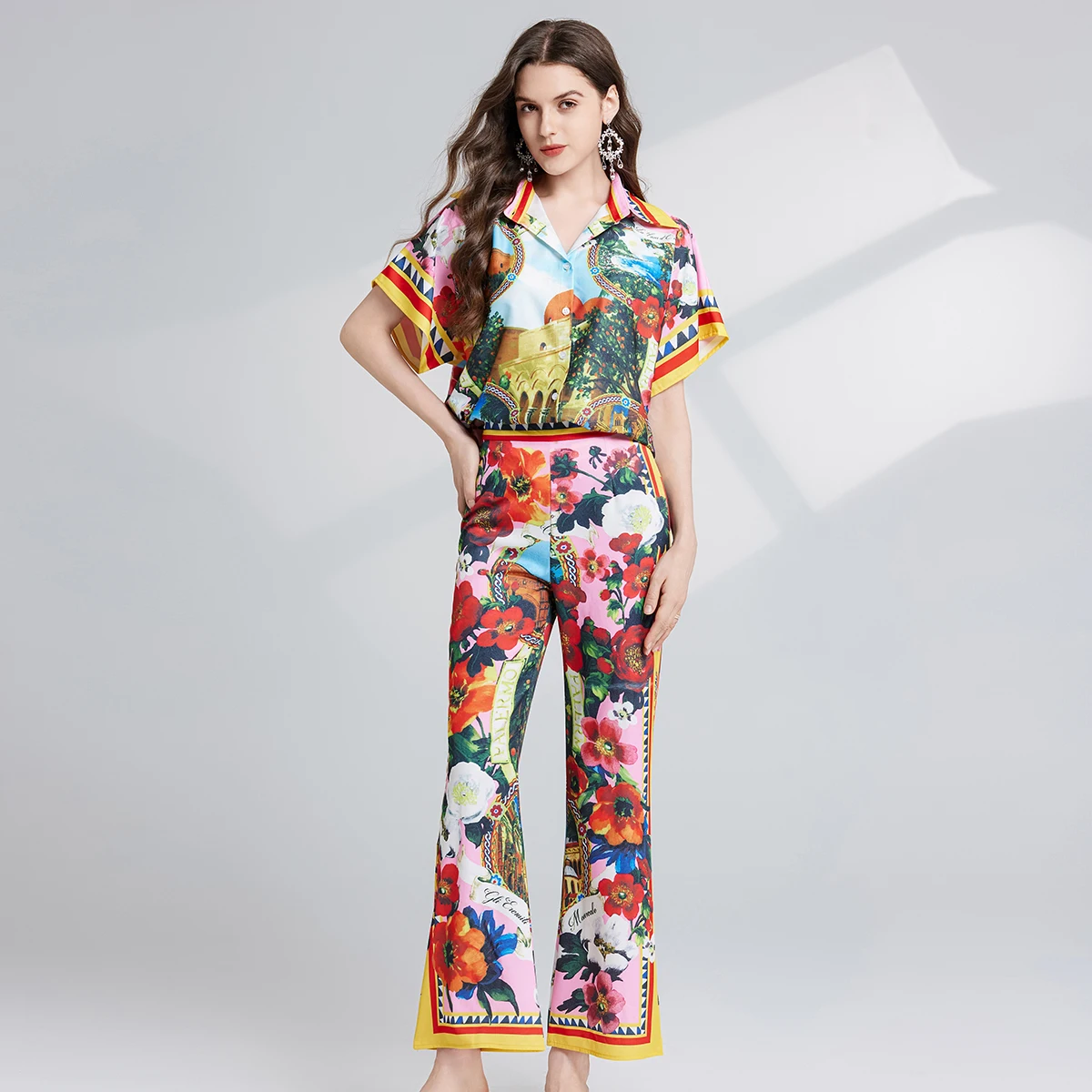 Vintage Painted Flower Print Runway Pants Suit Women\'s Turn Down Neck Short Sleeve Shirt Tops + Wide Leg Pants Two Pieces Set