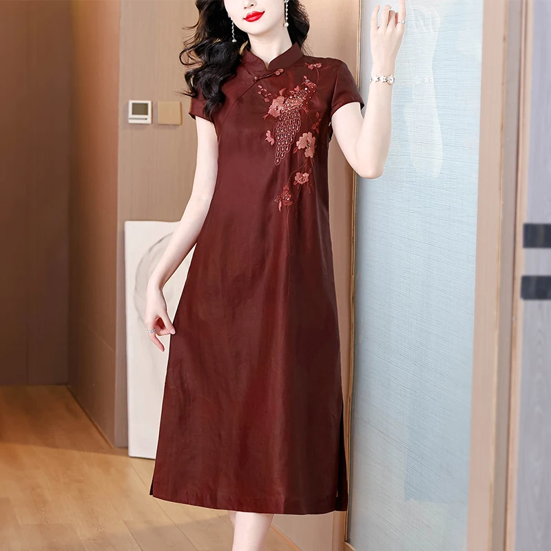 2025 여름 중국풍 실크 자카드 미디 선드레스 여성 보헤미안 패션 캐주얼 자수 드레스 우아한 럭셔리 페스티벌 베스티도