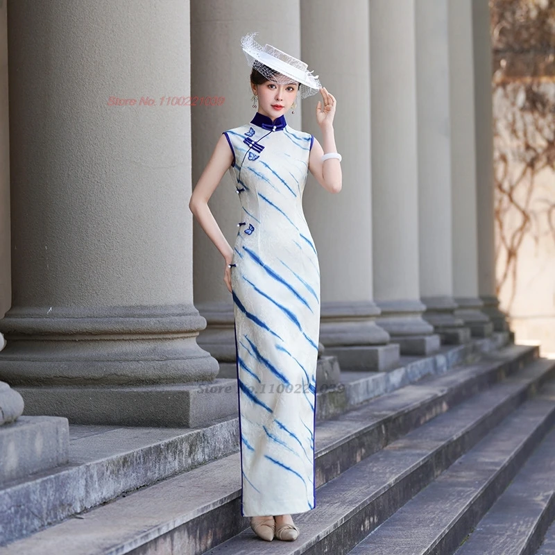 

2026 chinese vintage dress qipao retro stripe print sleeveless cheongsam traditional formal qipao banquet evening dress vestido