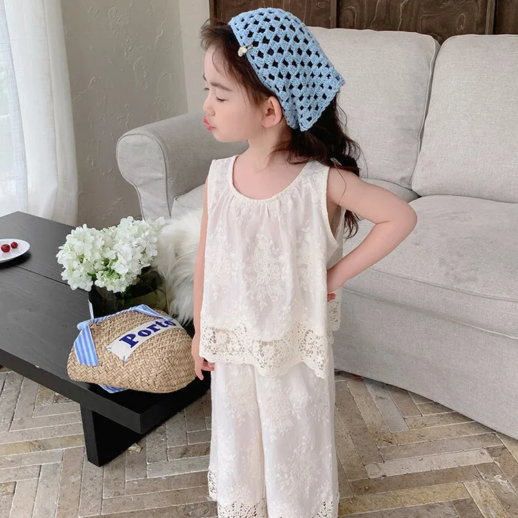 

Girls' Korean Edition Set Summer Clothing New Style Stylish Girl Baby Lace Sleeveless Vest Casual Pant Two Piece Set
