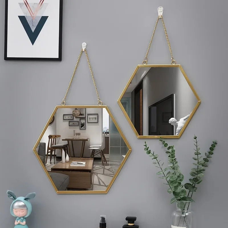 Nordic Iron Hexagonal Wall-Mounted Mirror Bathroom and Dormitory Mirror Washstand Cosmetic Mirror