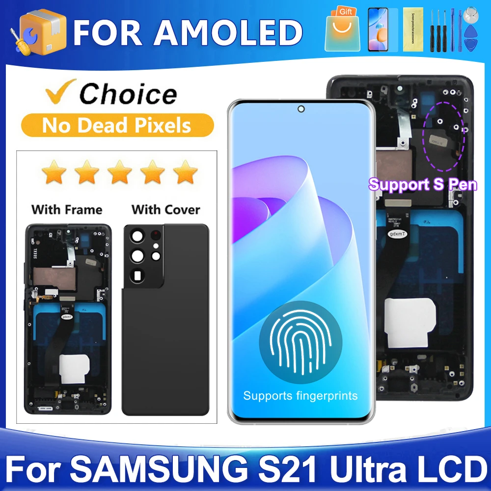 S21 Ultra Screen Replacement AMOLED For Samsung S21U 5G LCD Display G998B G998U G998W Touch Digitizer With Frame