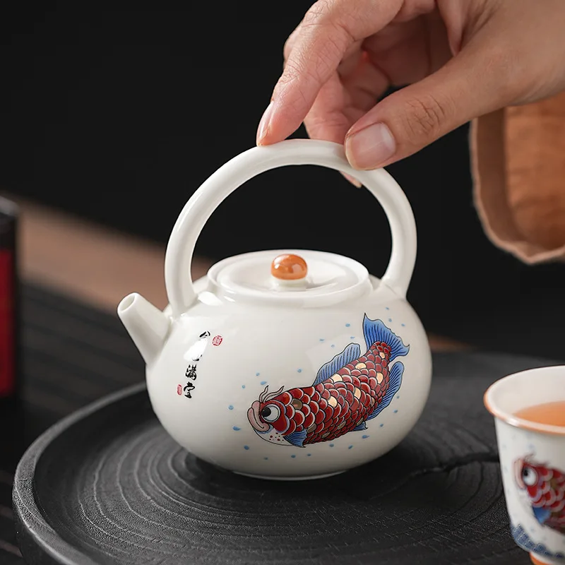 Plant ash goldfish full hall all-ceramic beam pot household Chinese teapot kung fu tea set one pot and two cups