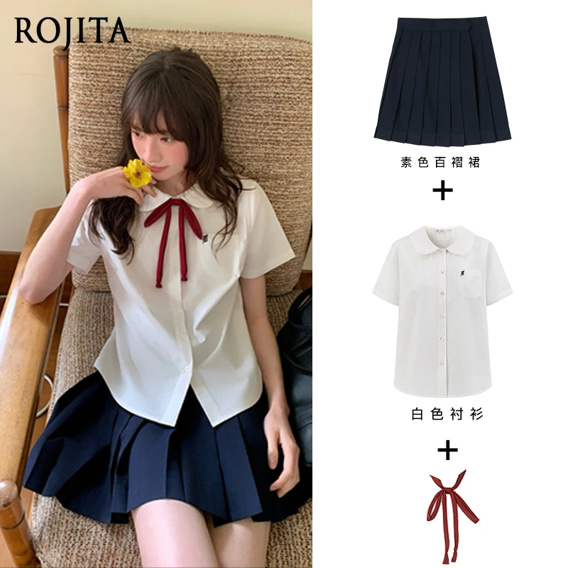 

JK Shirt Short Sleeve Japanese Uniform College Blue Shirt Summer Crew Neck Female Top and Skirt Two Piece Sets Womens Outifits