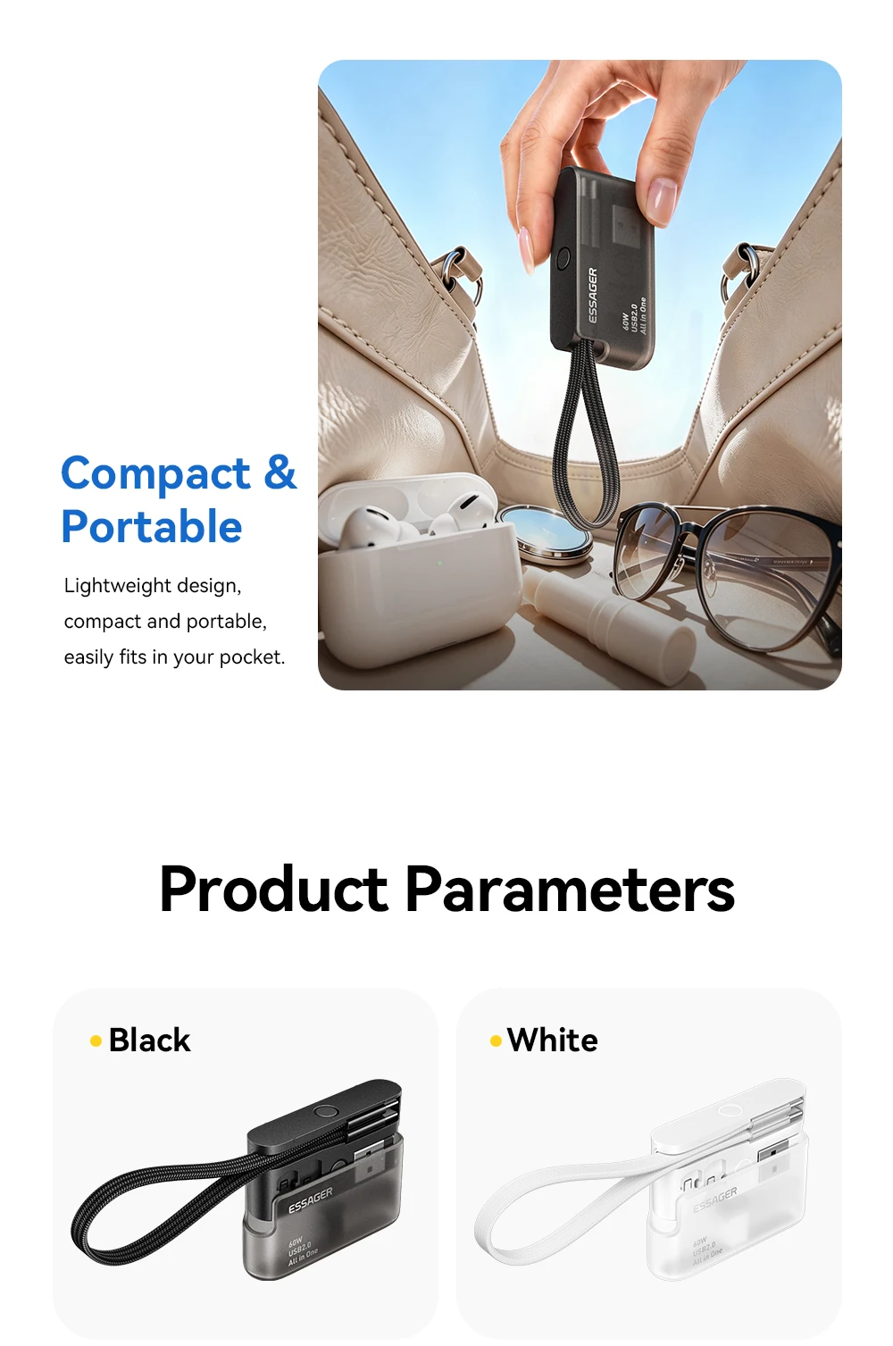 Essager PD 60W USB Type C Cable Set Fast Charging Data Sync for iPhone 17/16/15 with Storage Box And Holder Travel-Friendly