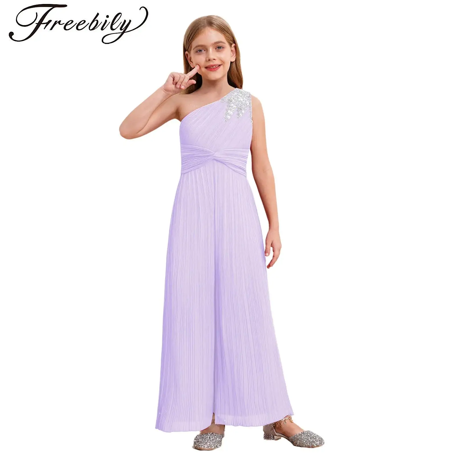 

Kids Girls Off-shoulder Sleeveless Jumpsuit Backless Pleated Jumpsuit Banquet Prom Party Outfit Sparkly Sequins Wide Leg Costume