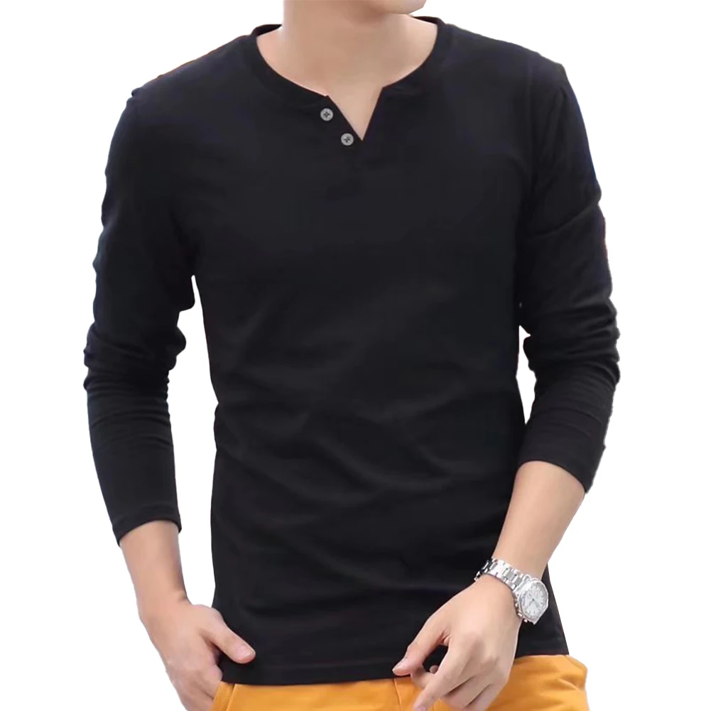 Pulôver casual de manga comprida masculino, botão decote V, camiseta Henley, slim fit, tops de assentamento, preto, branco, cinza, azul, vermelho