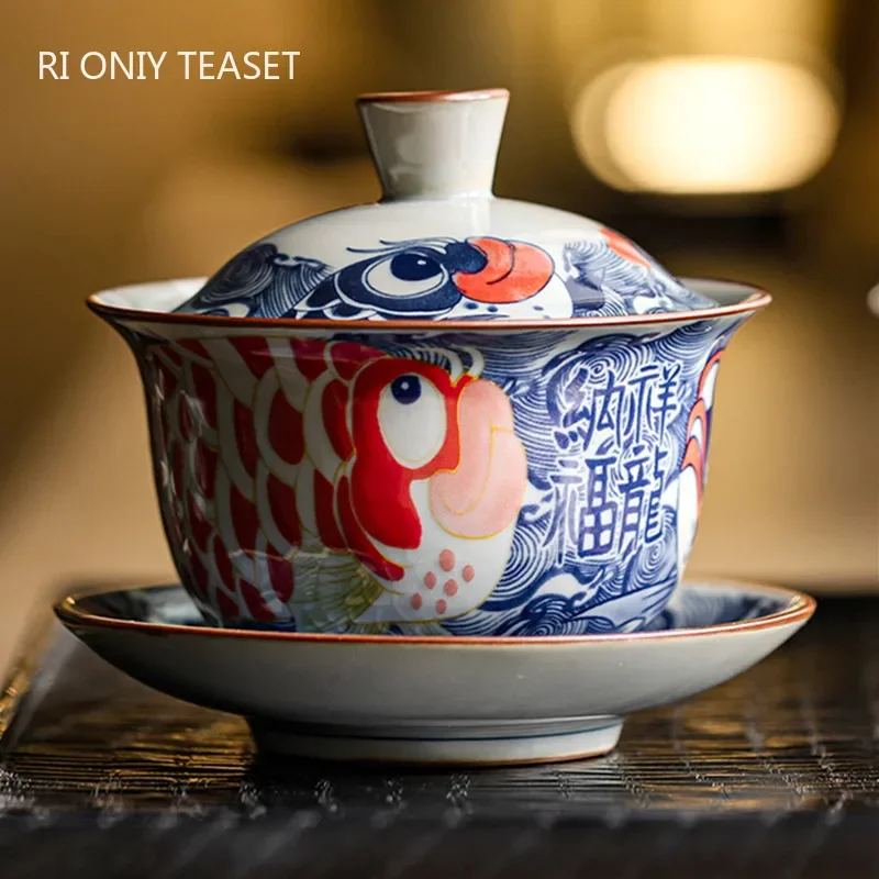 セラミックティーポット,中国の青と白,fish gaiwan,美容注入器,家庭用ティーボウル,手作りのウェア,130ml