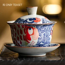 130ml Chinese Blue and White Ceramic Tea Tureen Handmade Fish Gaiwan Beauty Tea Infuser Teacup Household Tea Bowl Teaware