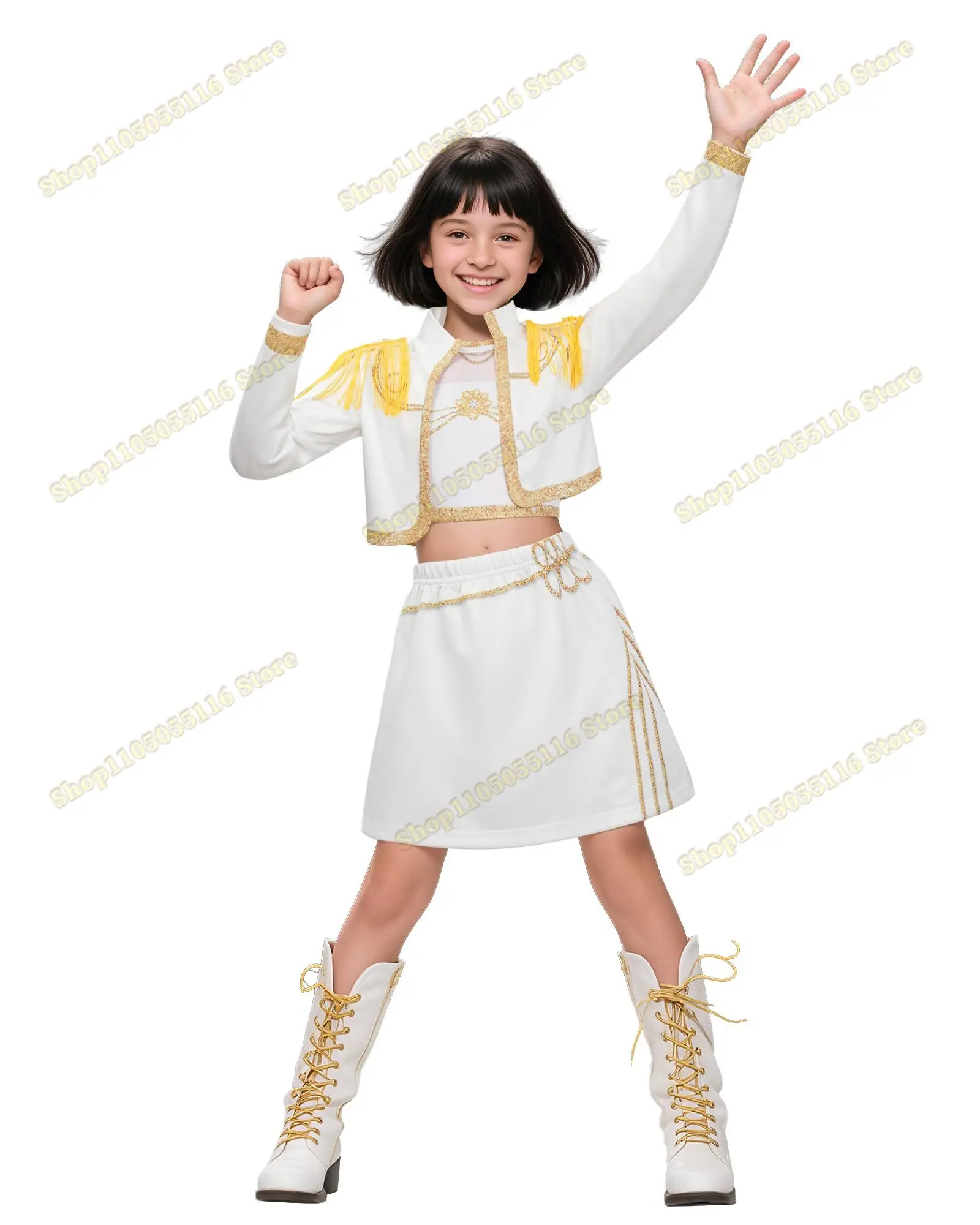 أزياء أطفال بيضاء ذهبية رومي ميرا زوي التأثيرية Kpop شيطان الصيادين KPop Huntrix Rumi بدلة تنكرية للحفلات النسائية