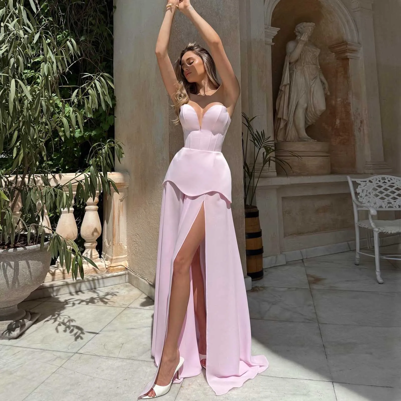 

Couture Stretchy Pink Prom Dresses With Sleeves Half Sleeves Bow Party Dress Mermaid Sexy Women Long Female Prom Gowns