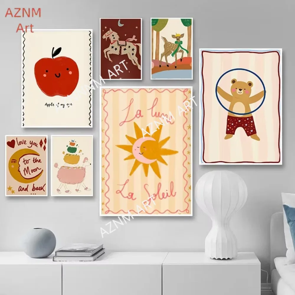 1pc Nette Und Abstrakte Sonne Mond Tiere Obst Buchstaben Cartoon Poster Leinwand Druck Kinderzimmer Spiel Zimmer Baby Lounges wand