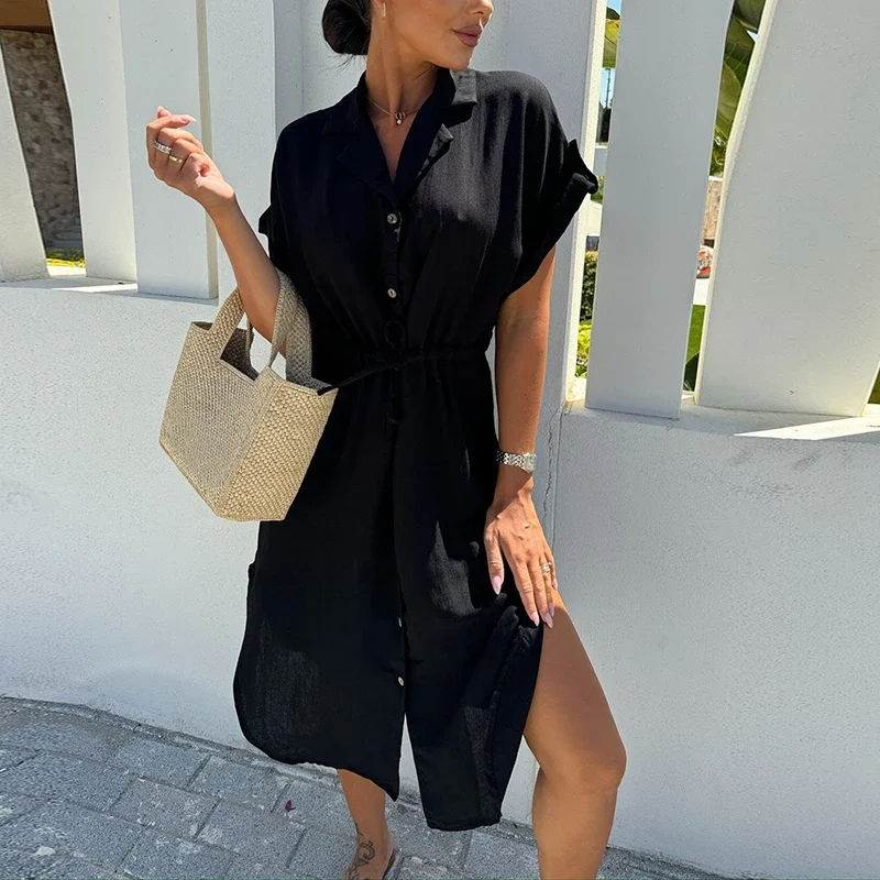 Vestido camisero informal de una sola botonadura para mujer, vestidos de fiesta con cuello vuelto y botones, Vestido corto elegante de verano 2024