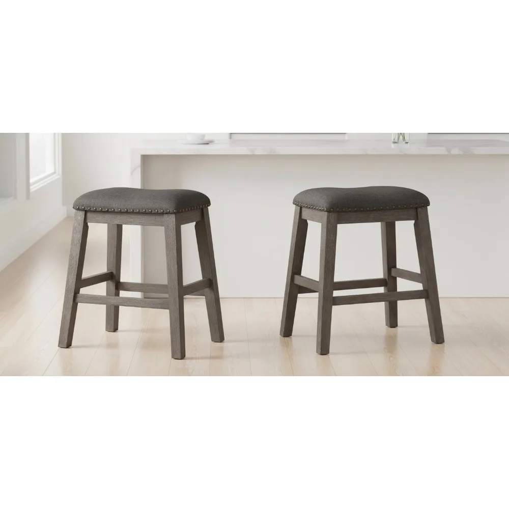 

Набор барных стульев с обивкой в деревенском сером цвете, 2 шт., из массива дерева с отделкой гвоздями для кухонной столовой