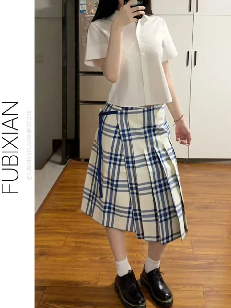 

Asymmetric One-Piece Design Blue And White Gingham A-Line Skirt for Women Spring Summer New Style Scottish Girl Skirt
