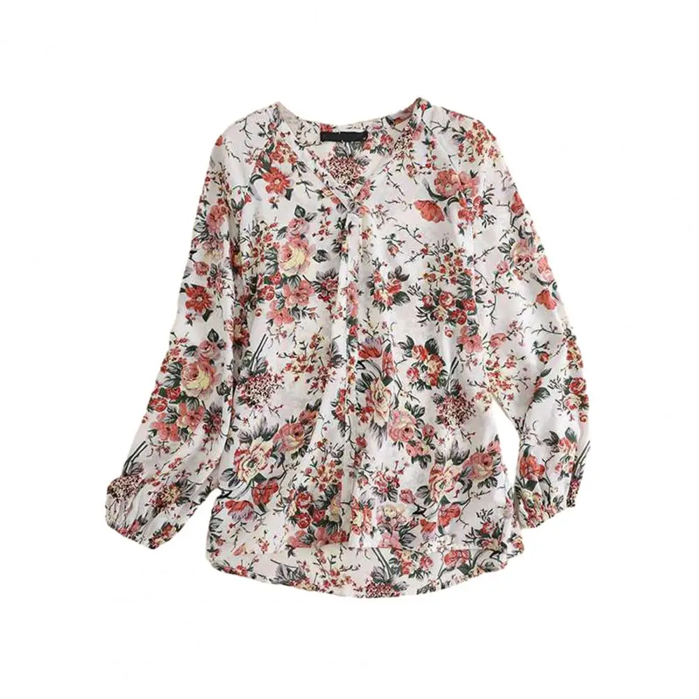 Camicia da donna con stampa floreale scollo a V manica lunga Top bohémien da donna elegante camicia morbida di media lunghezza per Top stampato bohémien primaverile