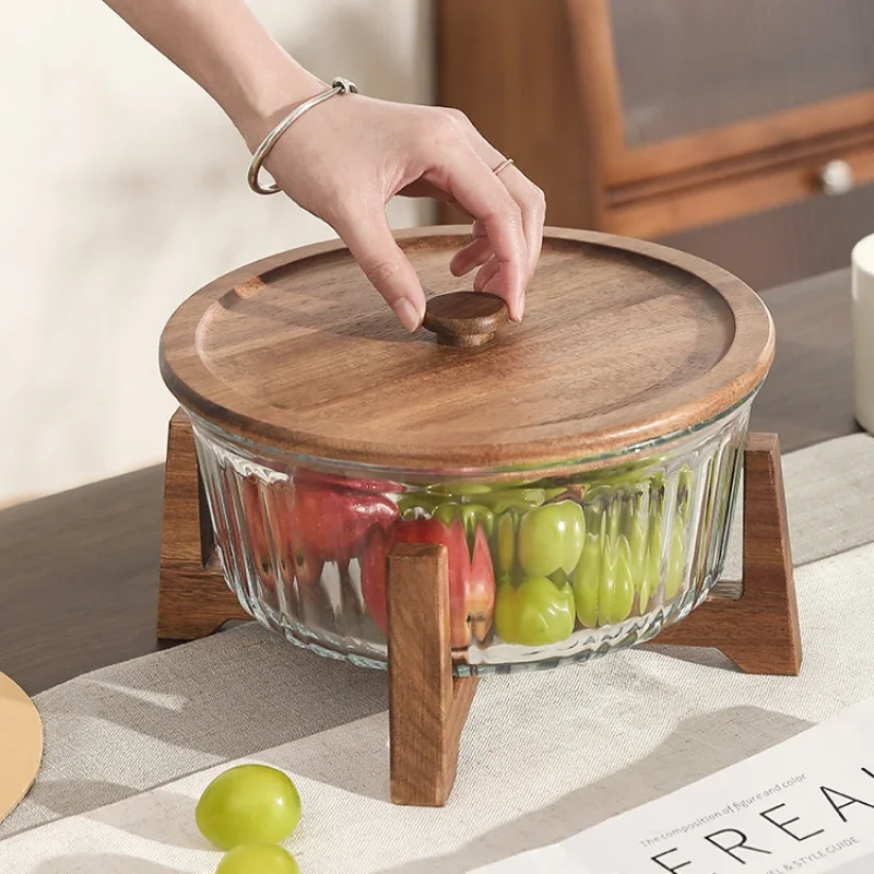 

Chinese Style Acacia Fruit Tray With Cover Living Room Home Kitchen Candy Nut Snack Box Glass High-end Light Luxury Salad Plate