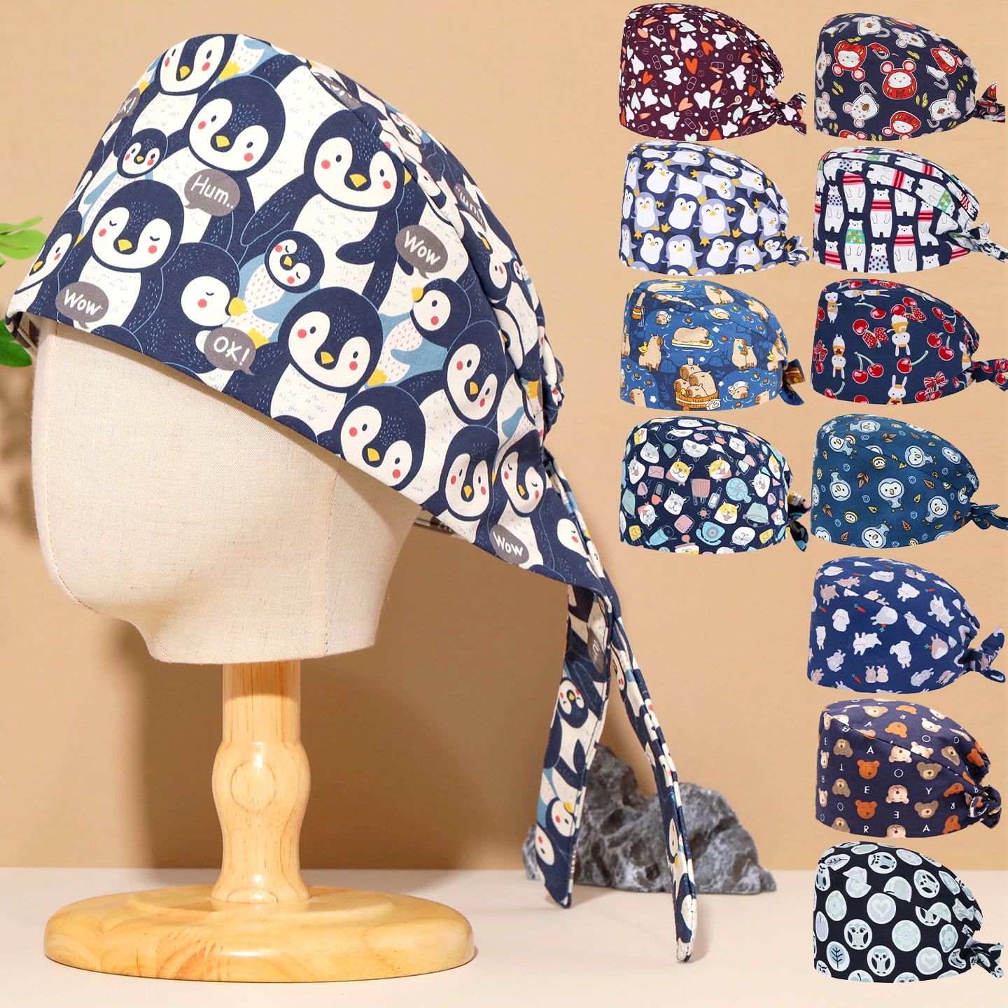 

Женская хлопковая хирургическая шапочка для стоматологов, врачей, медсестер, медицинская кепка для операционной, с принтом, регулируемая, на завязках сзади