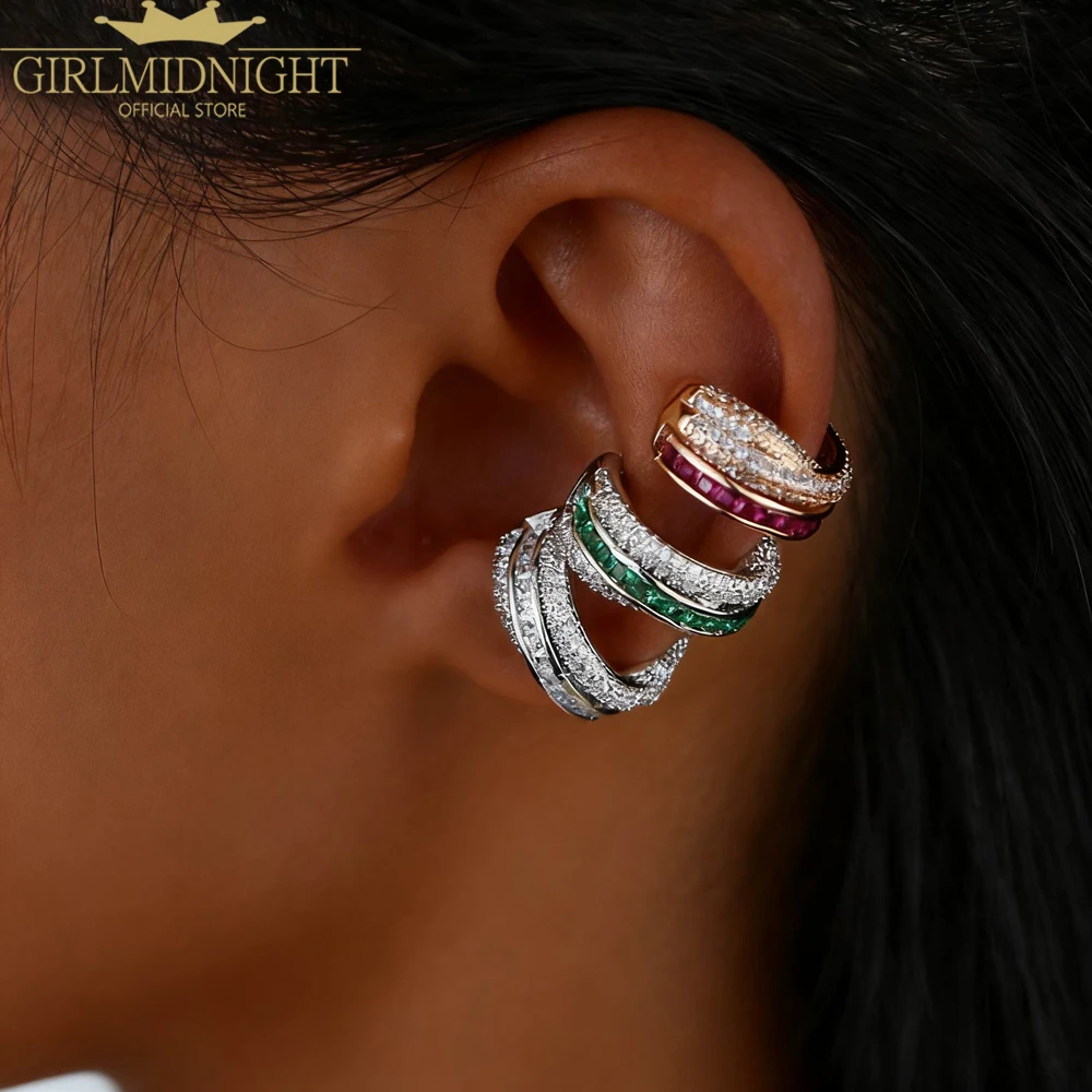 Luxury Hip Hop Women Jewelry Micro Pave Colorful Cubic Zirconia Cz Geometric Circle Lines Ear Cuff No Pierced Clip Stud Earrings