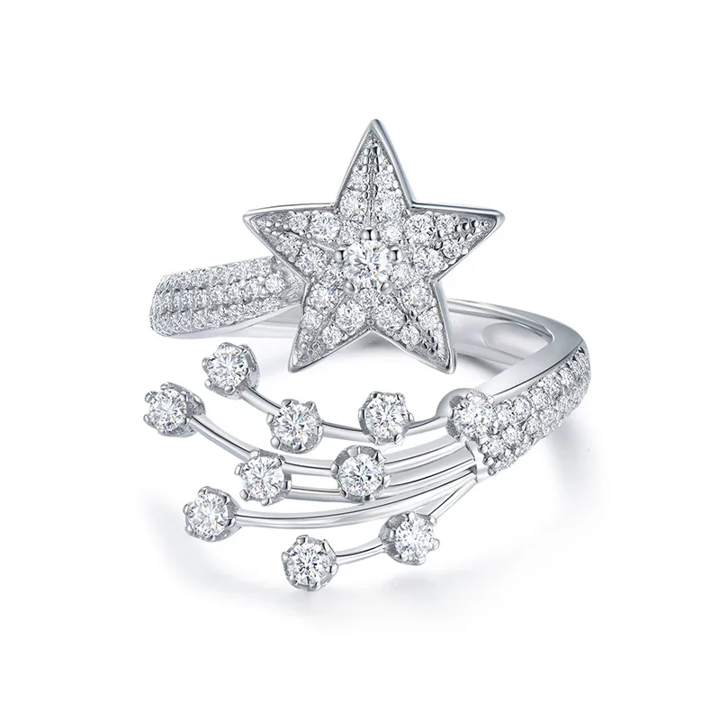 925 Sterling Silver Star Ring Full Moissanite Adjustable Open Ring for Women Shooting Star Design Fine Wedding Jewelry Gifts
