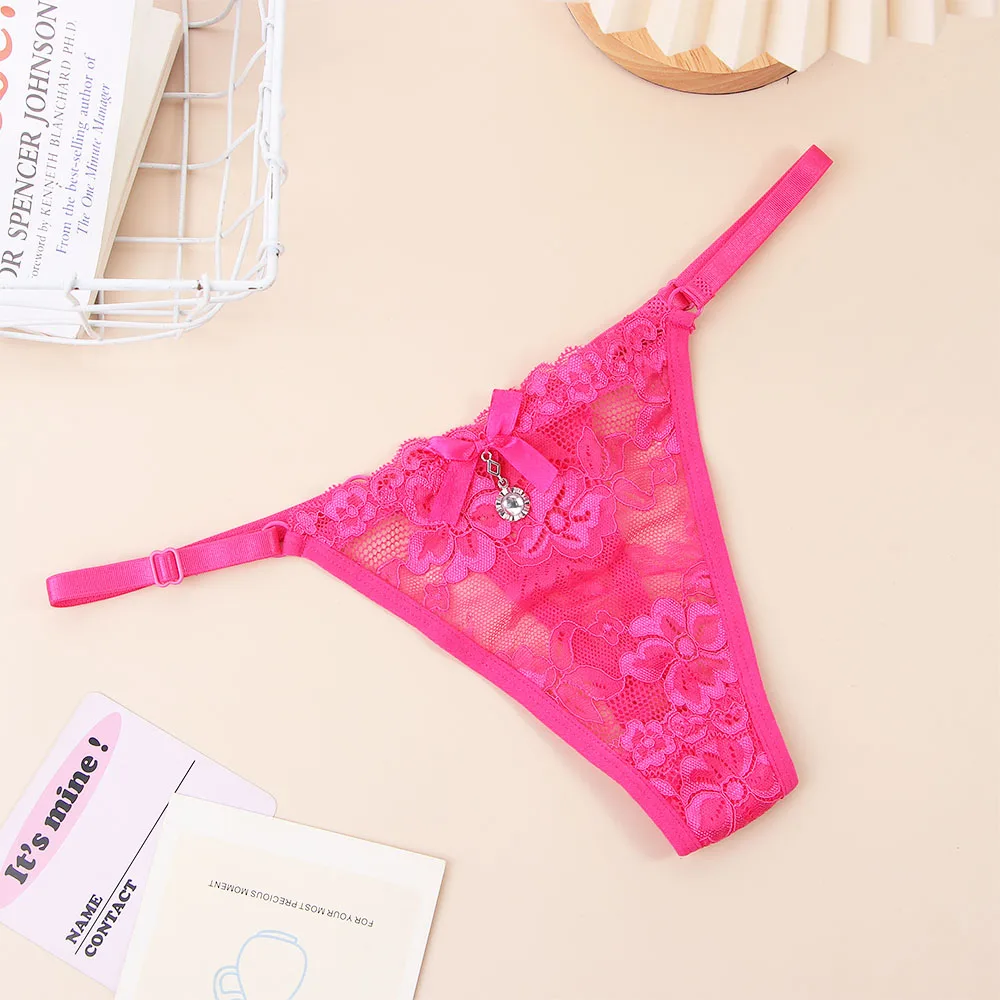 Low-waist Women Thong Transparent Seamless T-Back G String Cotton Crotch Pendant diamond Sexy Briefs Lace Panties