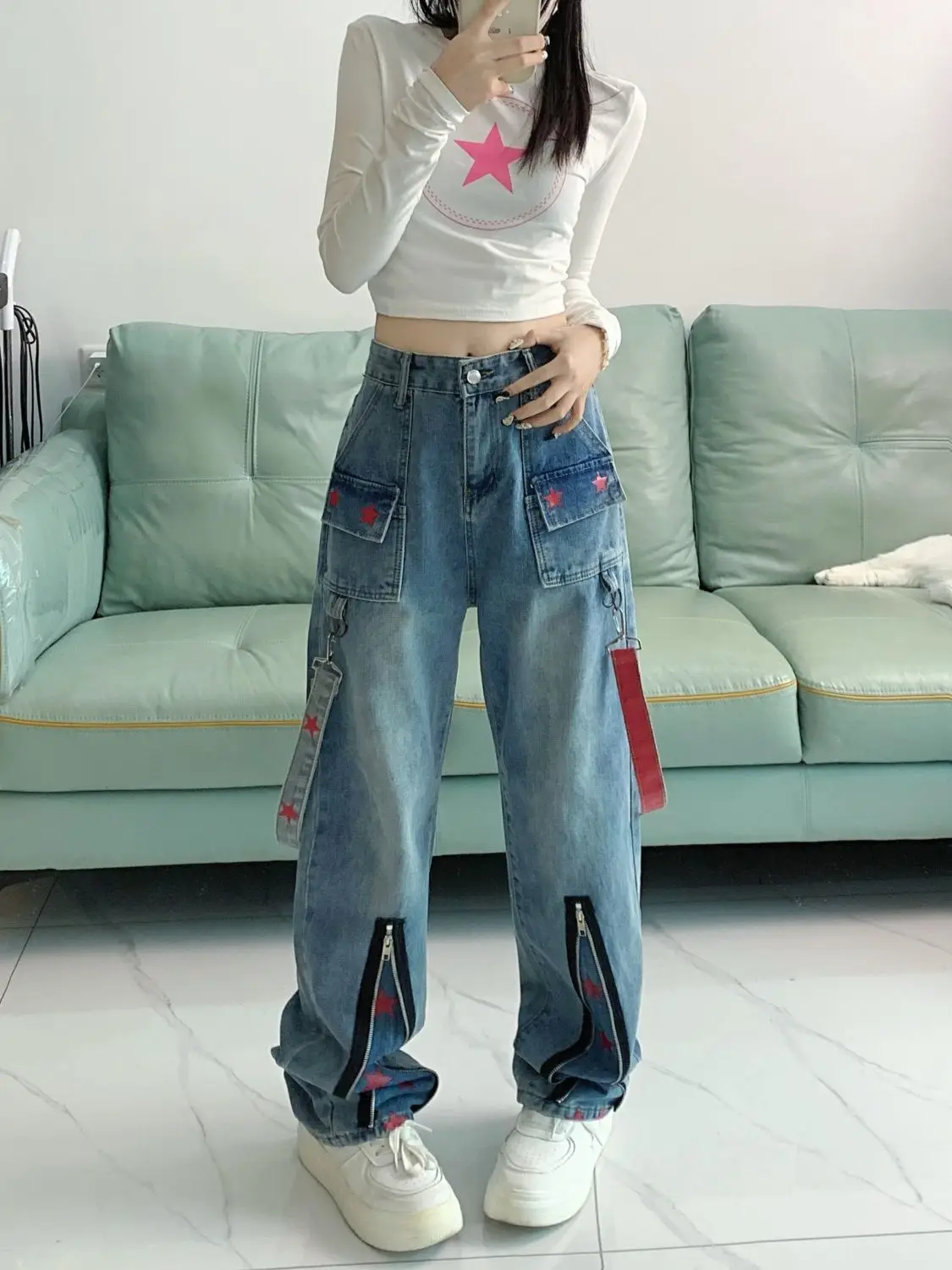 Hip-Hop Straight Retro Zipper Star Design Touch Tooling Jeans Women Spring Autumn New Dopamine High Street Wide-Leg Pants