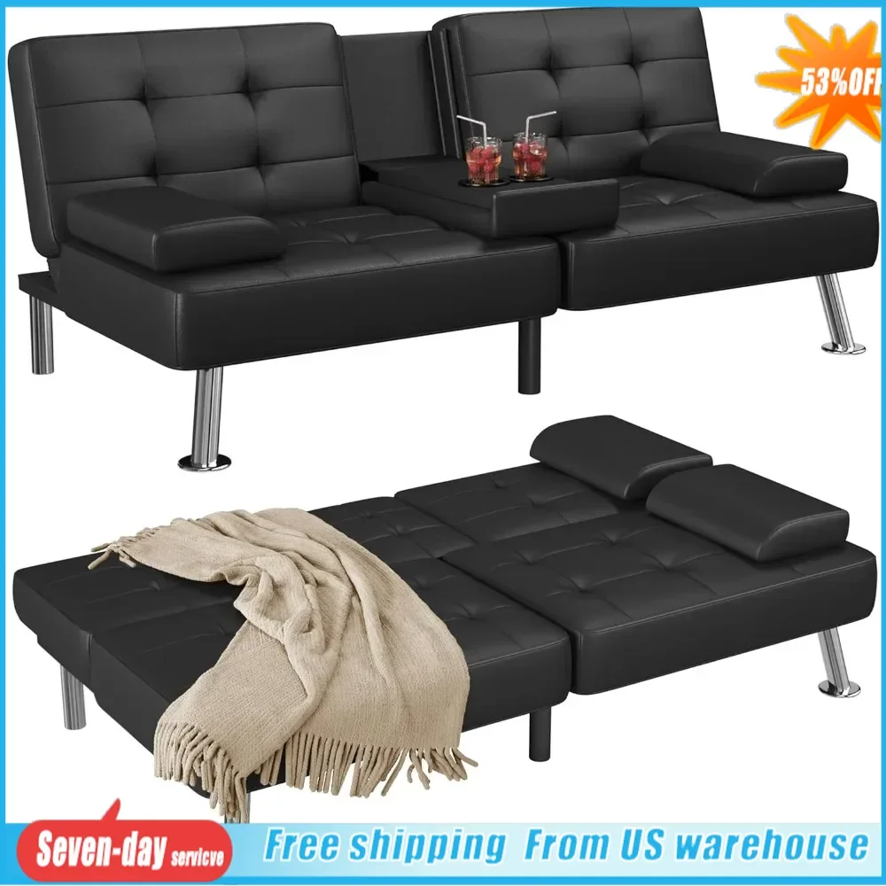 Futon living room sofa bed modern faux leather sofa convertible folding adjustable chaise longue with 2 cup holders and armrests