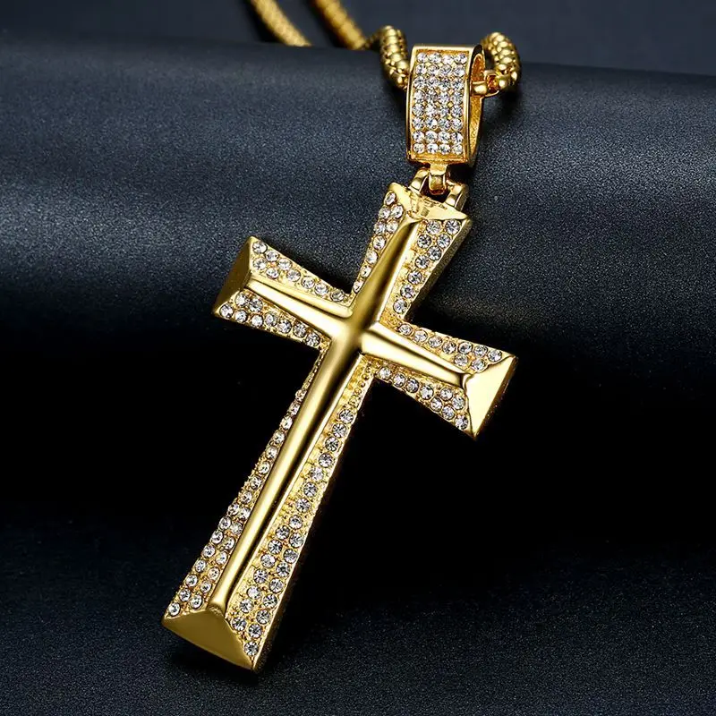 Megin D Stainless Steel Titanium Hop Hop Punk Iced Out Gold Plated Heavy Cross Charm Pendant Collar Chain Necklace for Men Women