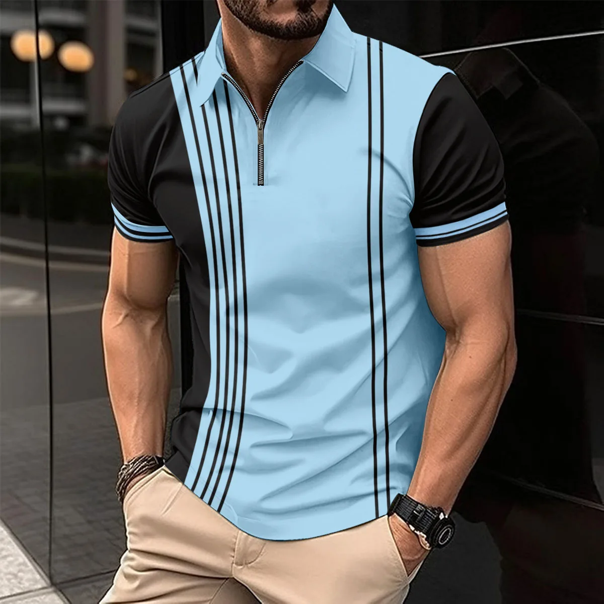 2024 New Men\'S high Quality POLO Shirt Lapel Zipper Splicing Stripes Fashion Personality business Casual Men\'s POLO Shirt