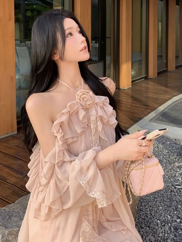 

Summer 2026 Gentle Style Off-Shoulder Neckline Dress Soft Cotton Long Sleeve H-Shape Casual Wear Comfortable Fit Women's Dress
