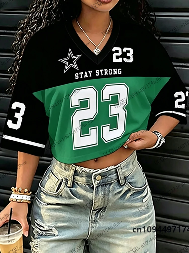 2026 Neues „Stay Strong“ Nr. 23 Print T-Shirt für Damen, Sommer, Kurzarm, Sexy Crop Top, Fußballtrikot, Y2k V-Ausschnitt Tees, Sport-Oberteile – Detail 4