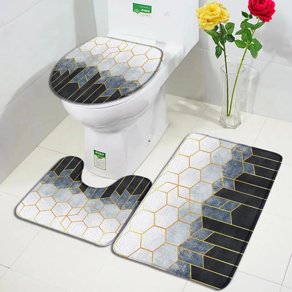 Creative Geometric Bath Mats Sets Gold Line Cube Abstract Blue Marble Doormat Home Bathroom Decor Non-Slip Rugs Toilet Lid Cover