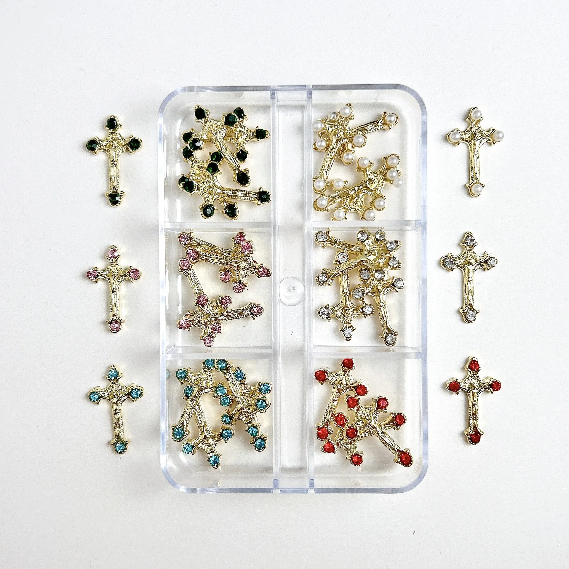 Conjunto de strass para arte em unhas, 6 grades, caixa de liga de luxo, coração, laço, cereja, acessórios para unhas, pedras brilhantes, faça você mesmo, amuletos de unhas