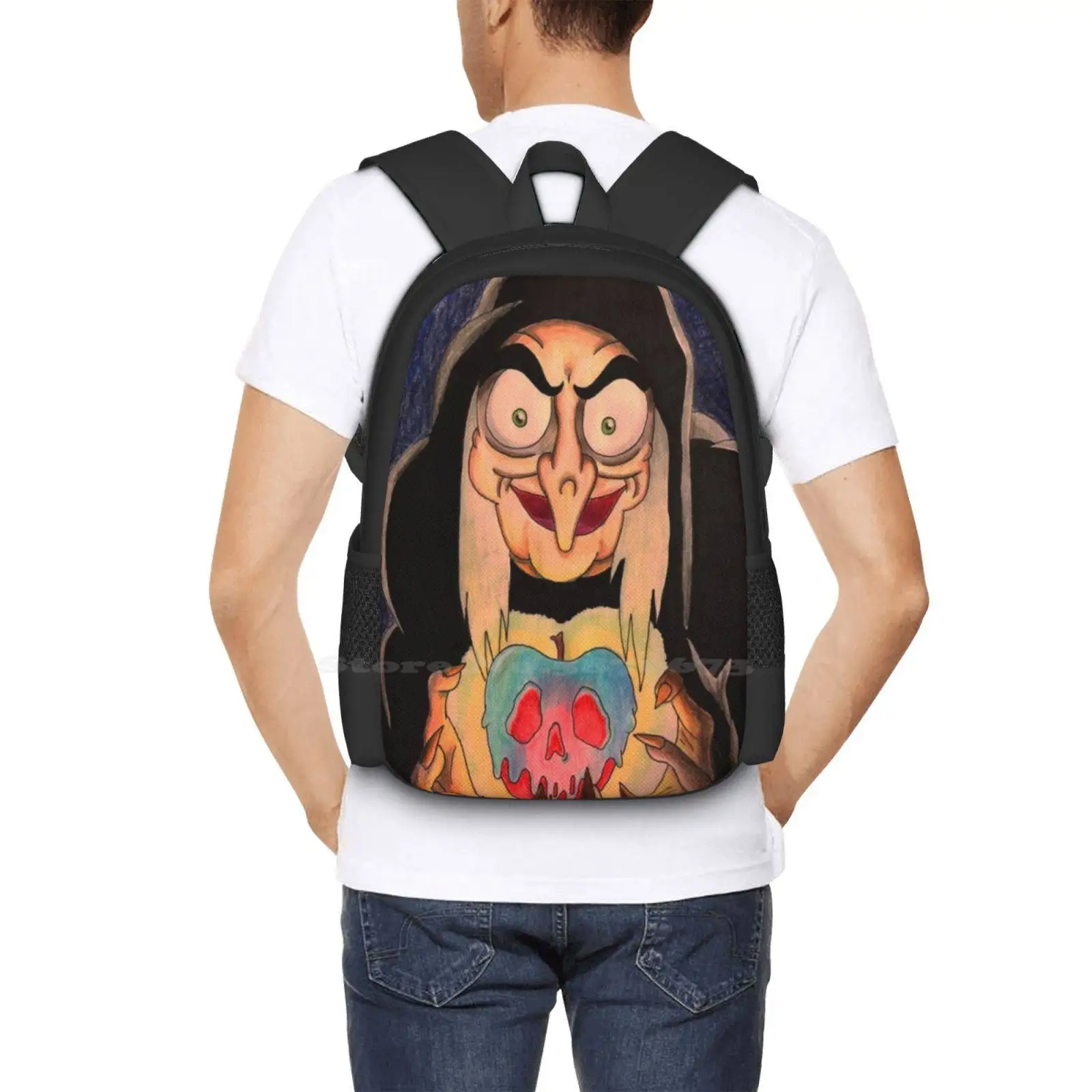 Mochila escolar com grande capacidade, mochila para laptop, rainha má, veneno do Dia das Bruxas, maçã, bruxa, bruxas, crânio, branca de neve, mochila