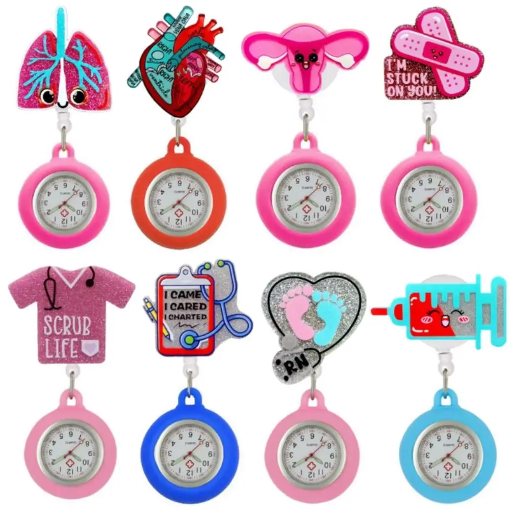 Retractable Retractable Pocket Watch Multi-functional Clip-On Nurse Watch Silicone Cartoon Glitter Badge Reel Hospital