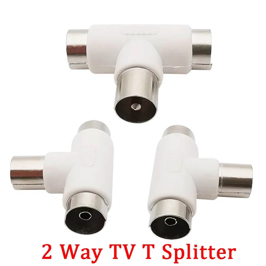 1Pcs TV Male To Double Female Coaxial Antenna Adapter T Shape 2 Way TV Plug To 2x Jack Aerial Coax Splitter Connector White