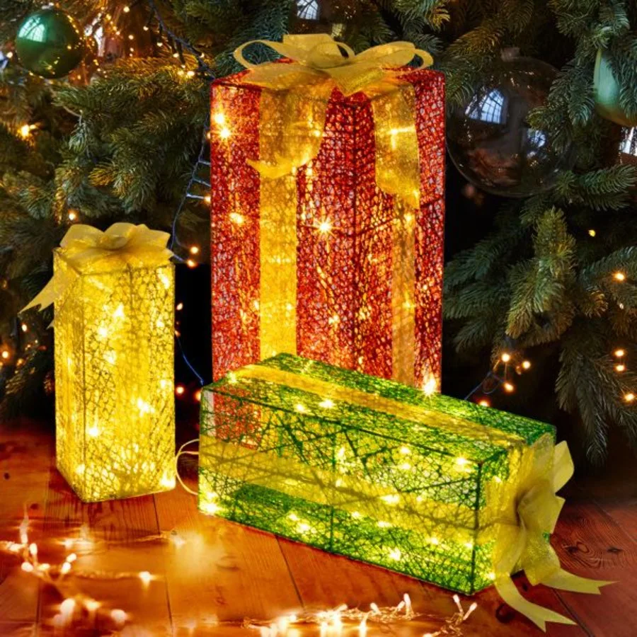 

VINGLI Lighted Gift Boxes Set of 3 Prelit Nestable Present Boxes Ornament with 90 LED Warm White Lights and Stakes for Christma