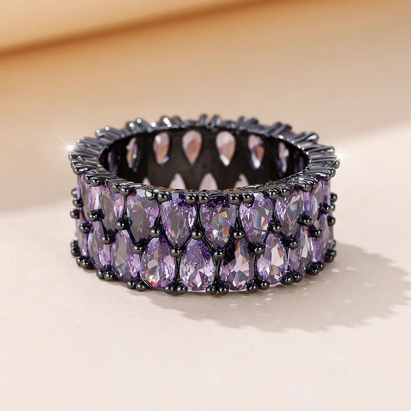 Vintage Gothic Black Purple Stone Band Ring for Women Men Luxury Jewelry Full Zircon Mystic Couple Rings Size 5 to 13