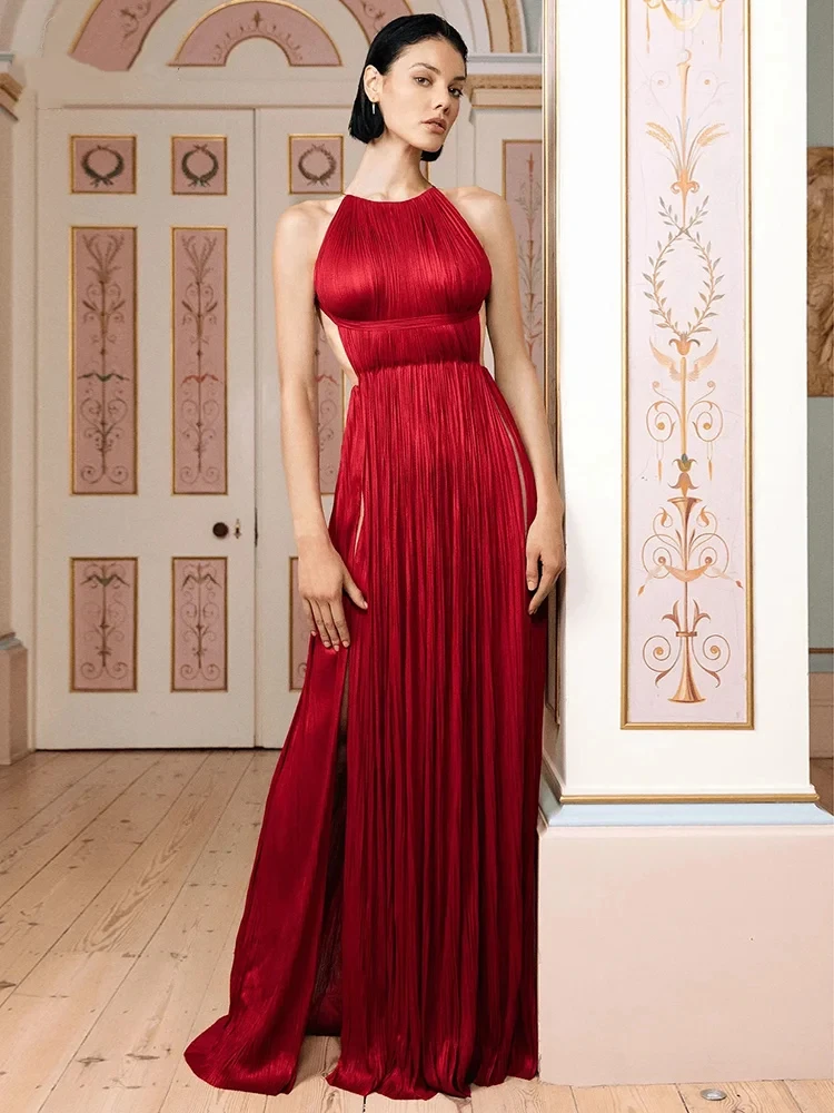 ارتفاع سبليت بلا أكمام الأحمر الرسن الرقبة فستان طويل سلسلة مطوي عارية الذراعين المرقعة سليم فساتين الحفلات المسائية #1