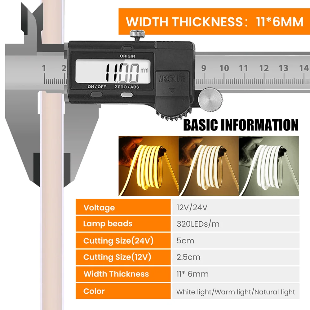 12V 24V IP68 Waterproof COB Led Neon Strip Rope Light 5m 10m 15m 20m 0.5m Flexible Lamp 320LED High Density Liner Lighting RA90