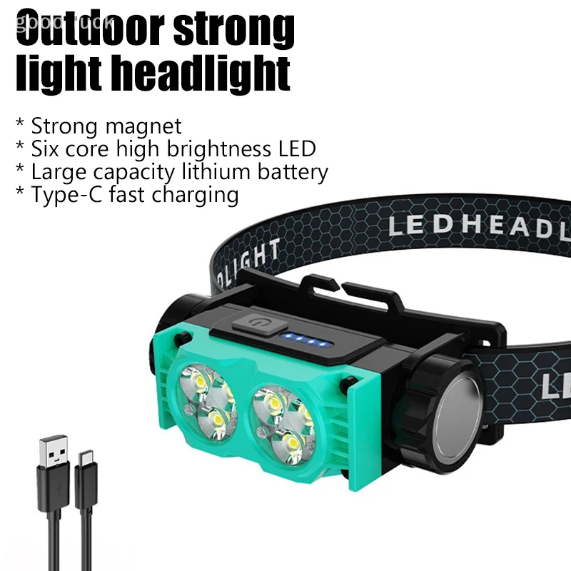 Linterna frontal recargable LED duradera, diadema ajustable, luces de trabajo USB