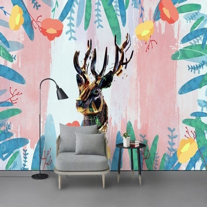

Nordic geometric abstract deer fresh and light plant TV luxurious home decoration bedroom background wall
