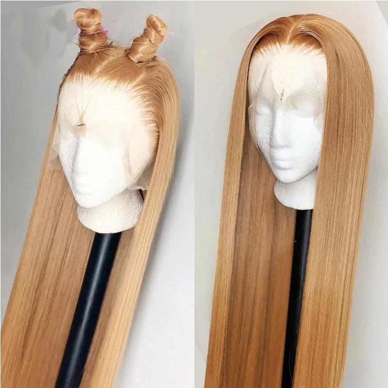 

Honey Blonde Lace Front Wigs #27 Color Straight Synthetic Lace Wig with Baby Hair Long 26 Inch Natural Look Hear Resistant Fiber