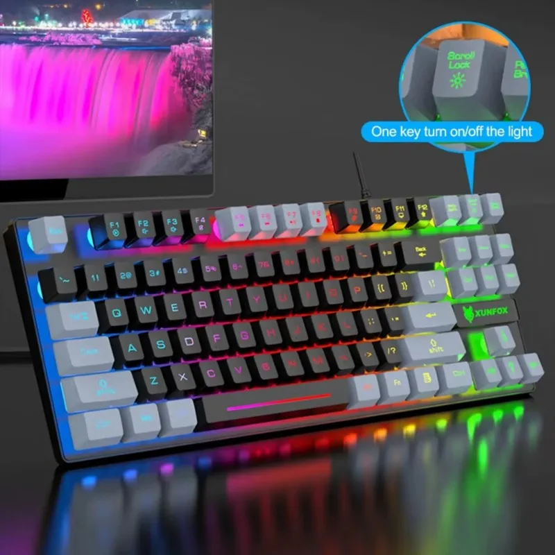 K10 87 Key USB Wired Gaming Keyboard Rainbow LED Backlight Mechanical Feel for Typing and Gaming Enthusiasts